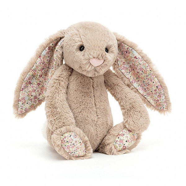 Jellycat Medium Beige Bunny Blossom Bea Children's Stuffed Animal Toy beige bunny with light colorful floral ears and feet