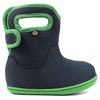 BOGS Baby Solid Color Waterproof Boots in navy blue with green trim 