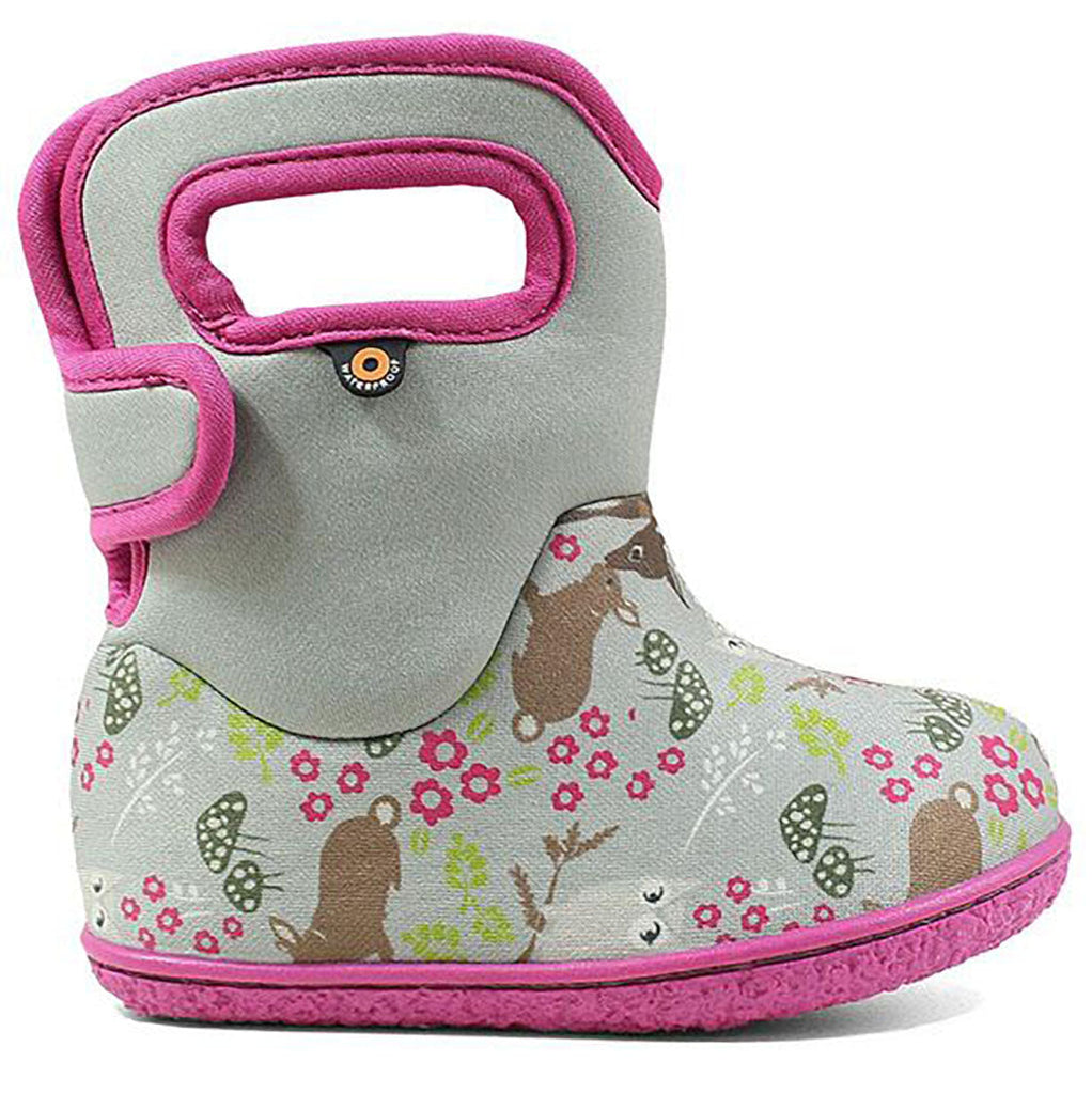 BOGS Classic Patterns Baby Waterproof Boots gray woodland pink trim 