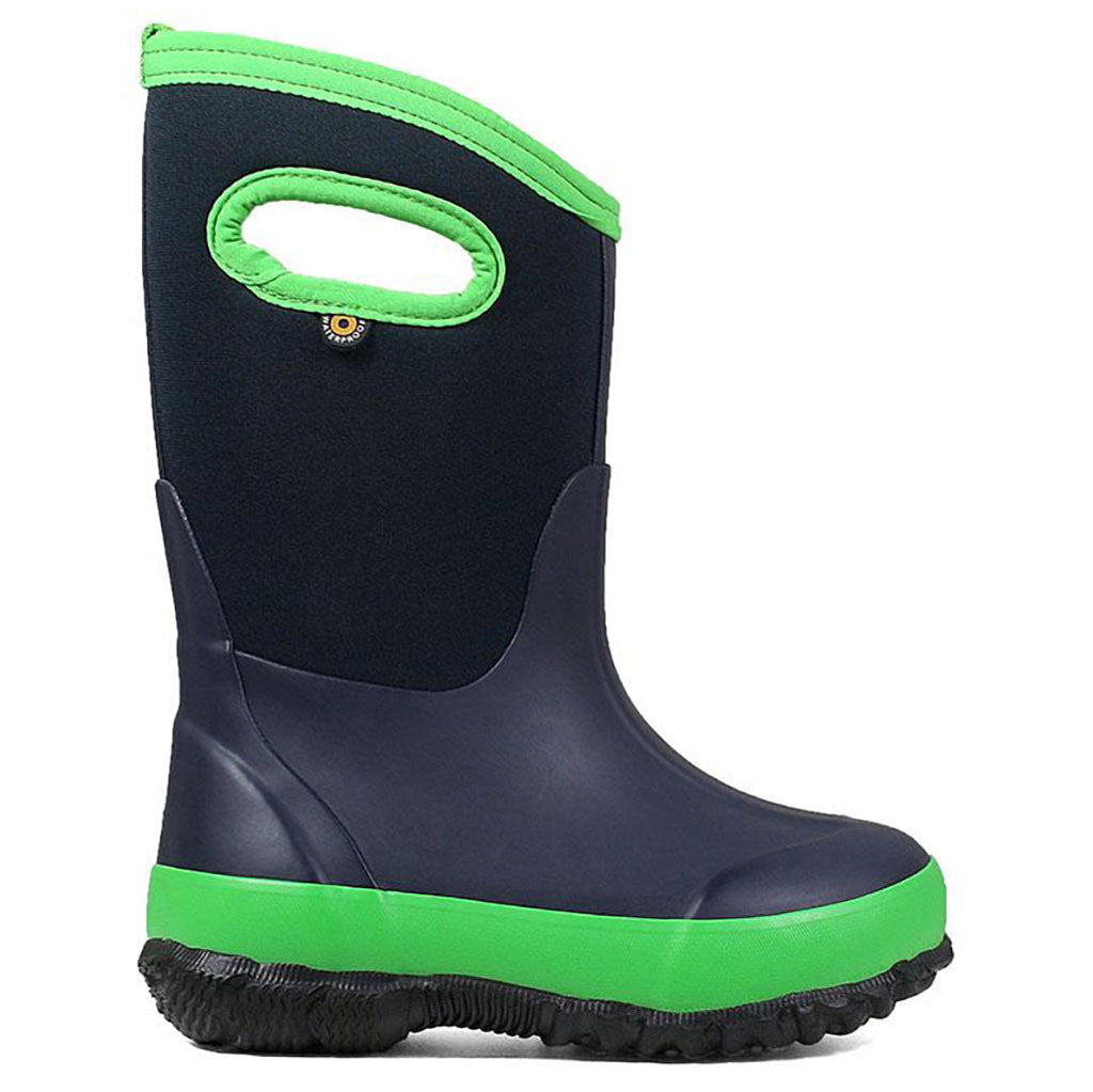 BOGS Classic Pattern Kids Waterproof Boots in Matte Navy and Green Trim