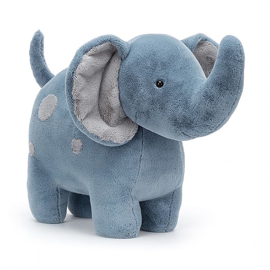 Jellycat Big Spottie Elephant Stuffed Animal Children's Toy. Blue and grey colored, sturdy elephant plushie. Front view.