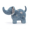 Jellycat Big Spottie Elephant Stuffed Animal Children's Toy. Blue and grey colored, sturdy elephant plushie. Side view.