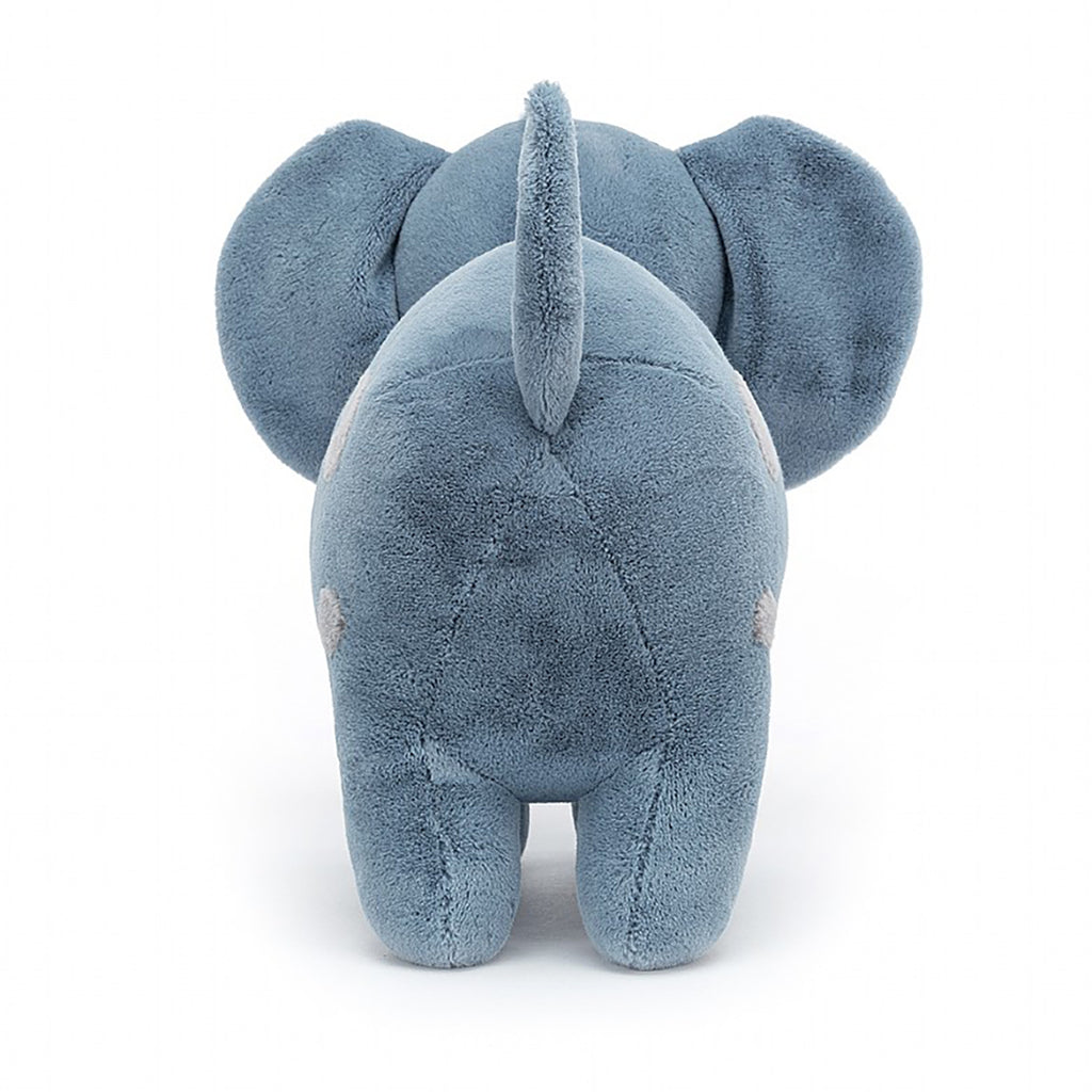 Jellycat Big Spottie Elephant Stuffed Animal Children's Toy. Blue and grey colored, sturdy elephant plushie. Back view.