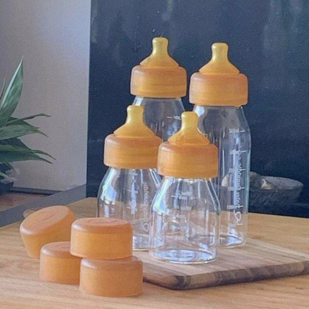 Quoddle Baby Bottle mini 150ml (5oz) & Abel Series 300ml (10oz) clear bottle, amber color nipple & cap