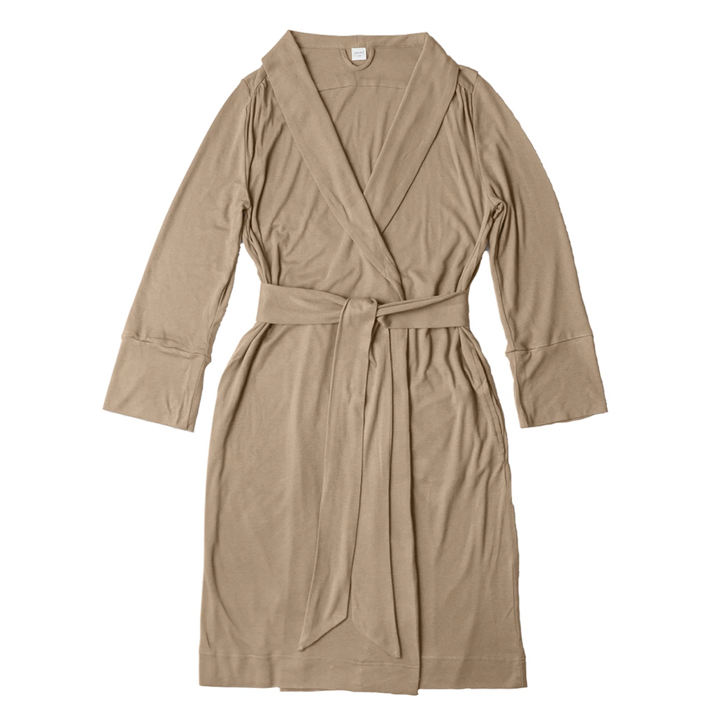 Goumikid's Sandstone Bamboo Organic Cotton Women's Robe. Light brown women's robe with sewn-in tie.