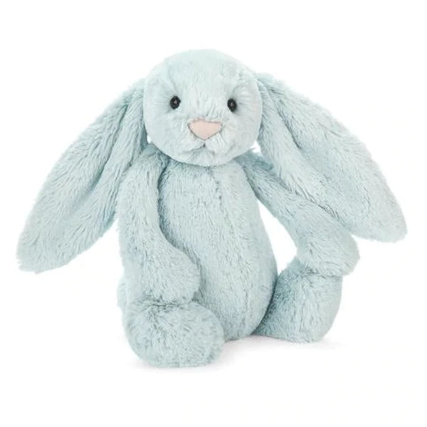 Jellycat Medium Bashful Beau Bunny Children's Plush Stuffed Animal Toy light blue in color, long floppy ears, pink nose, and black button eyes