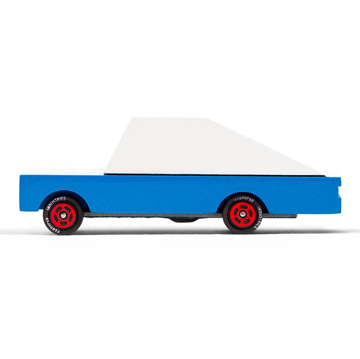Side of Candylab Blue Racer #8 Wooden Toy Car