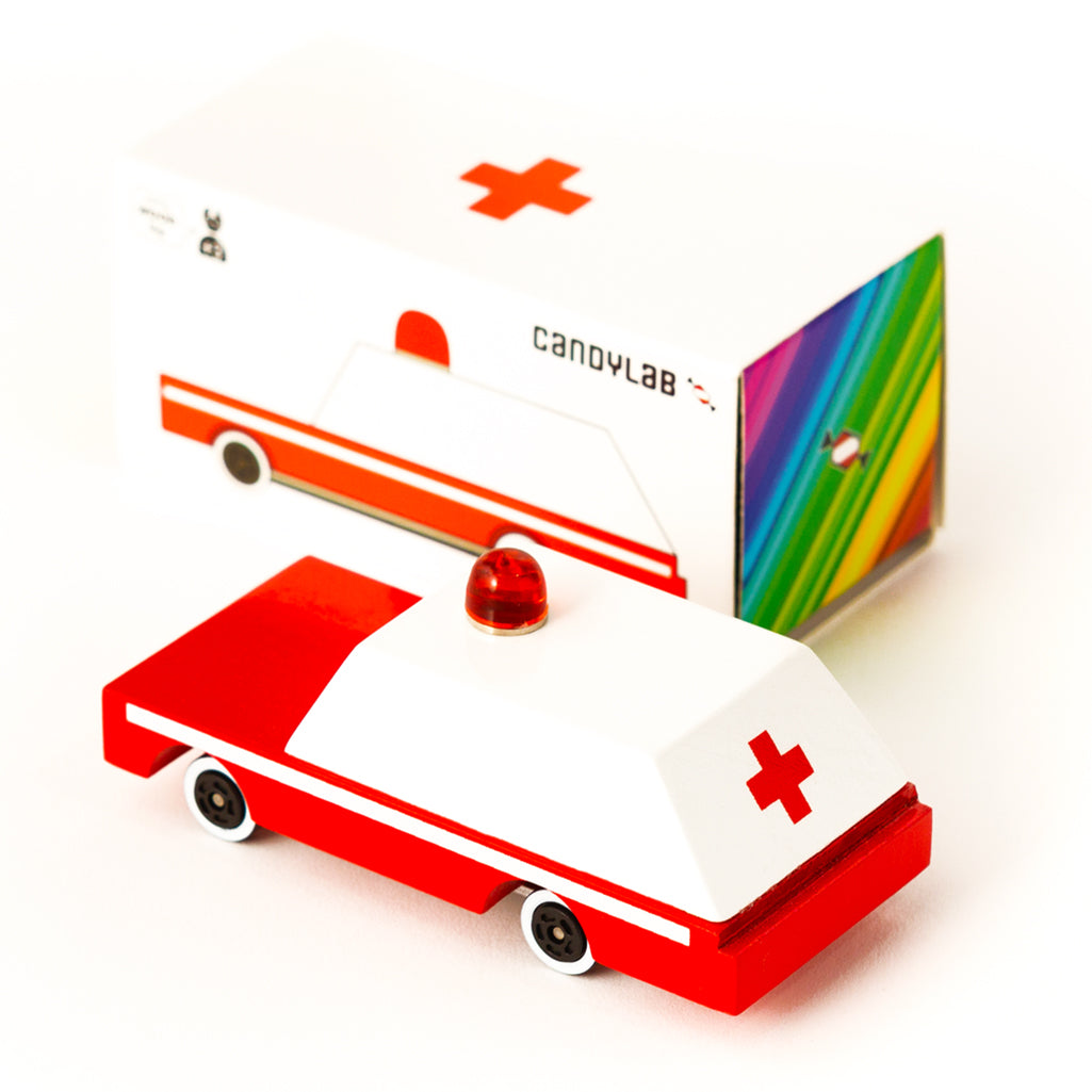 Rear view of Candylab wooden emergency vehicle showcasing a sleek minimalist aesthetic