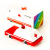 Back of Candylab Toys Ambulance Children's Wooden Pretend Play Vehicle in red and white