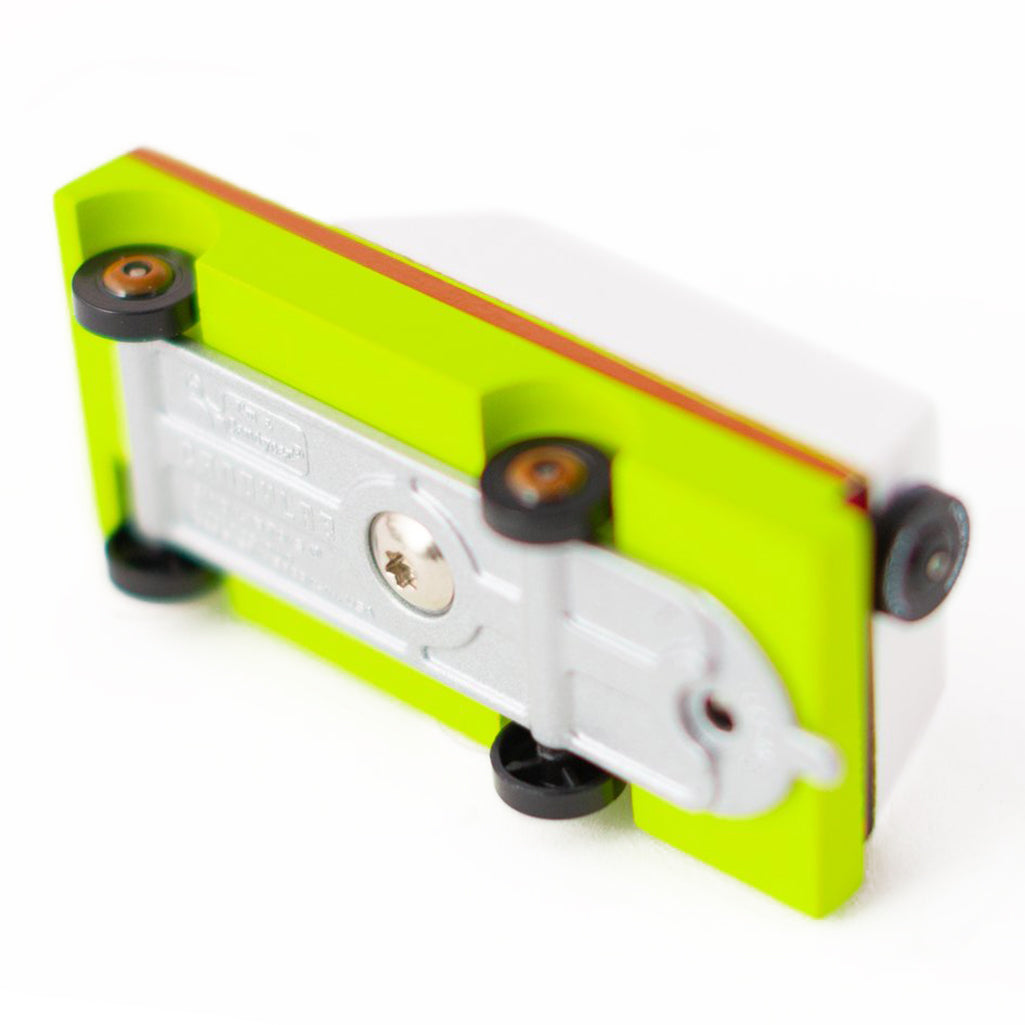 Underside view of the Candylab Everglades mule toy car, handcrafted wood.