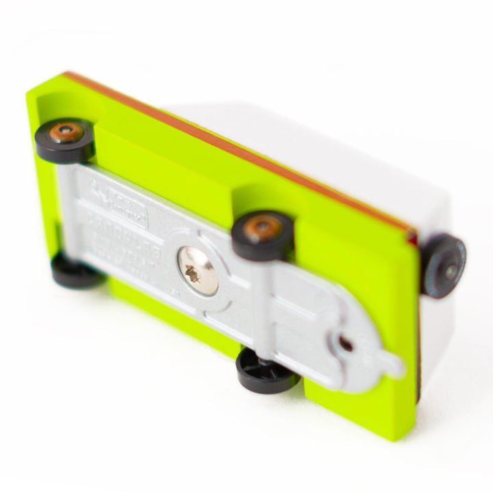 Underside view of the Candylab Everglades mule toy car, handcrafted wood.