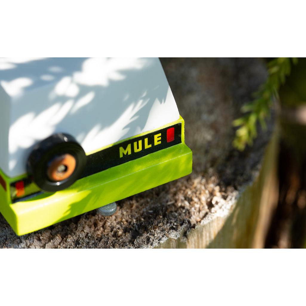 Back profile of Candylab Everglades mule wooden car in an outdoor setting.
