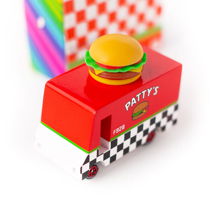 Burger top design of the Candylab hamburger van wooden food truck toy.