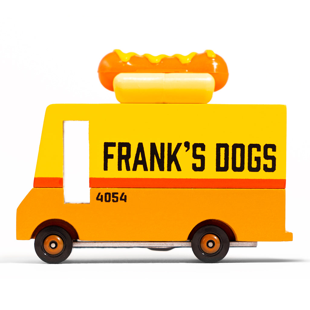 Side view of the Candylab hot dog van, a fun wooden food truck toy.