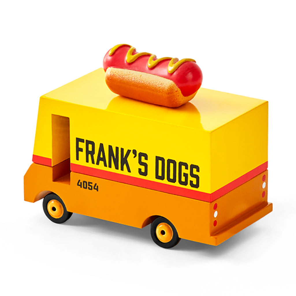 Candylab hot dog van, wooden food truck toy for kids who love unique vehicles.