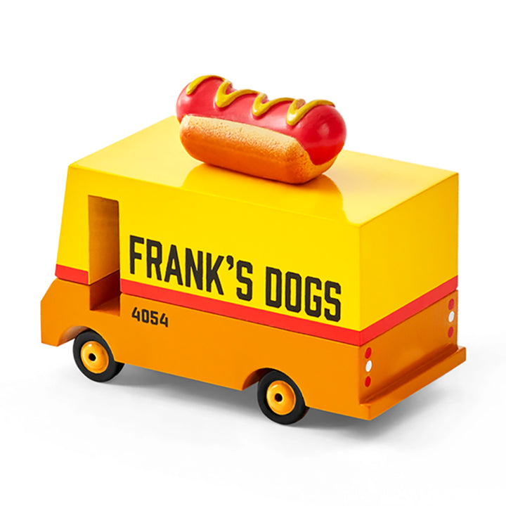 Candylab hot dog van, wooden food truck toy for kids who love unique vehicles.