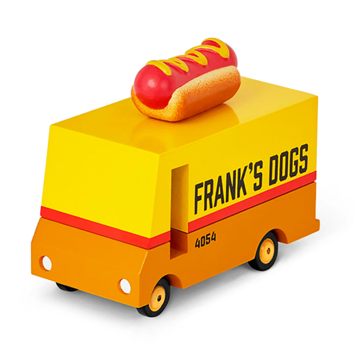 Front view of the Candylab hot dog van toy, vibrant design for fun play.