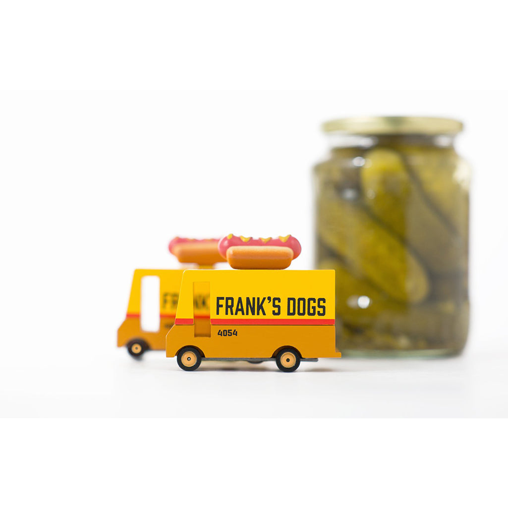 Hot dog van by Candylab, featured alongside pickles for pretend food play.