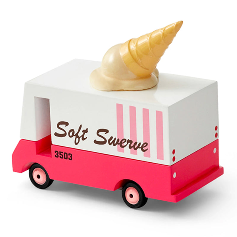 Vibrant wooden ice cream van toy by Candylab, for kids who love food trucks.