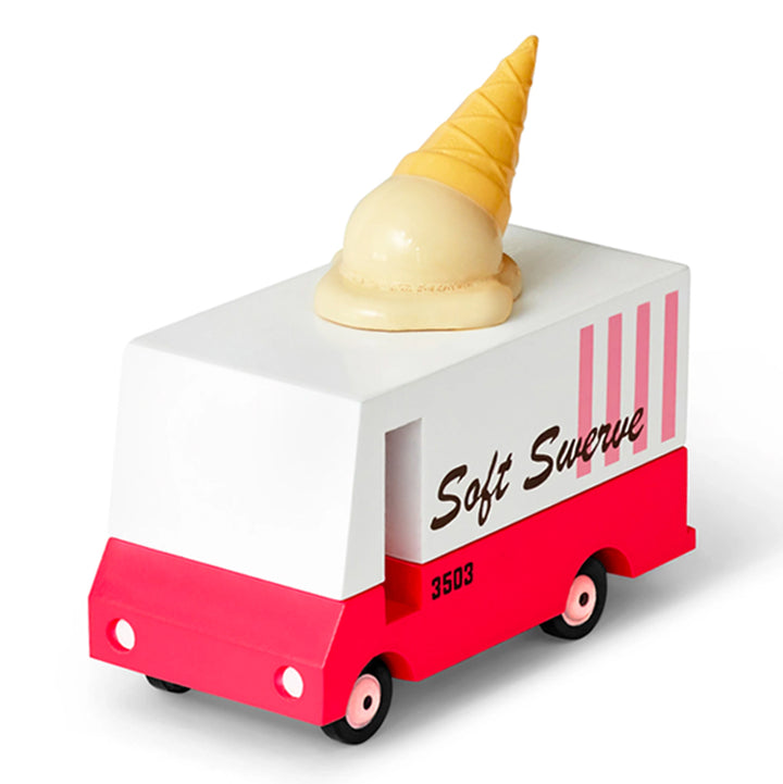 Candylab wooden ice cream van toy in red and pink, perfect for pretend play.