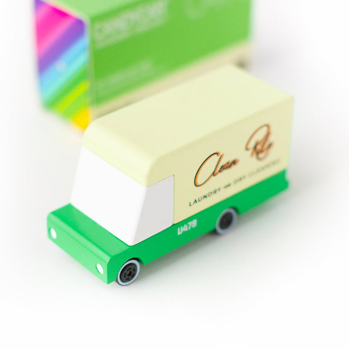 Top view of the Candylab laundry van toy, wooden pretend play vehicle.