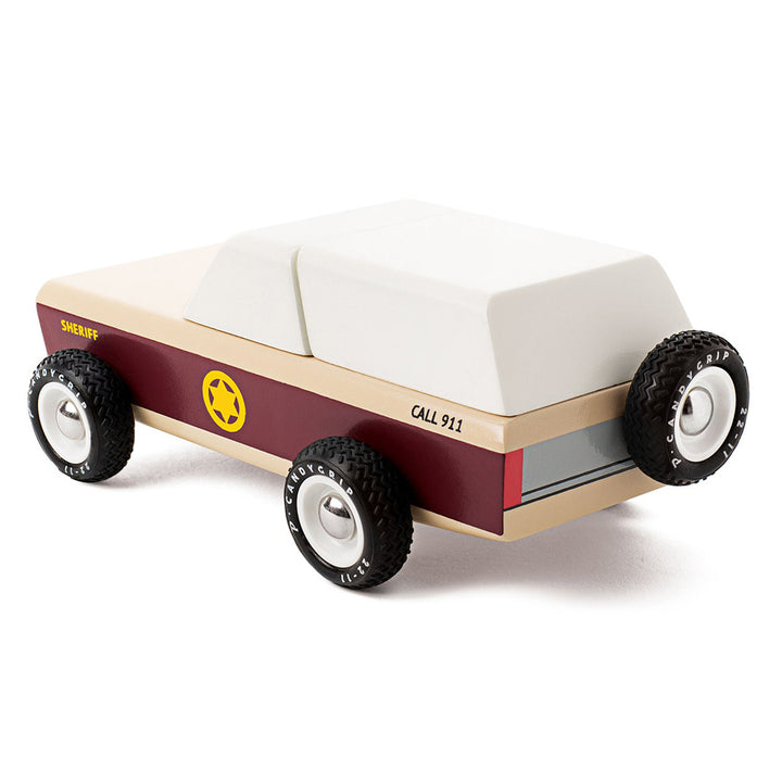 Back view of the Candylab Lone Sheriff wooden toy car, featuring a bold design.