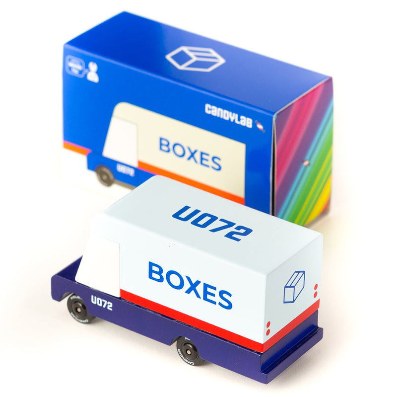 Candylab mail van wooden toy vehicle shown with packaging for easy storage.