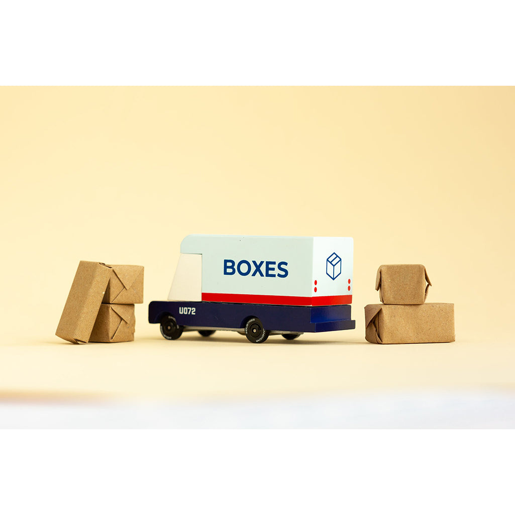 Candylab mail van toy with tiny box props, ideal for pretend postal play.