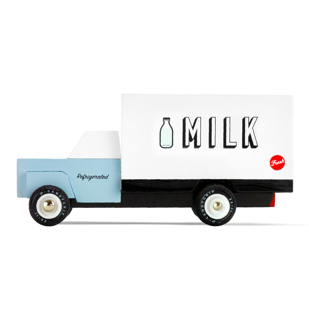Side profile of Candylab milk truck wooden toy, perfect for kids pretend play.