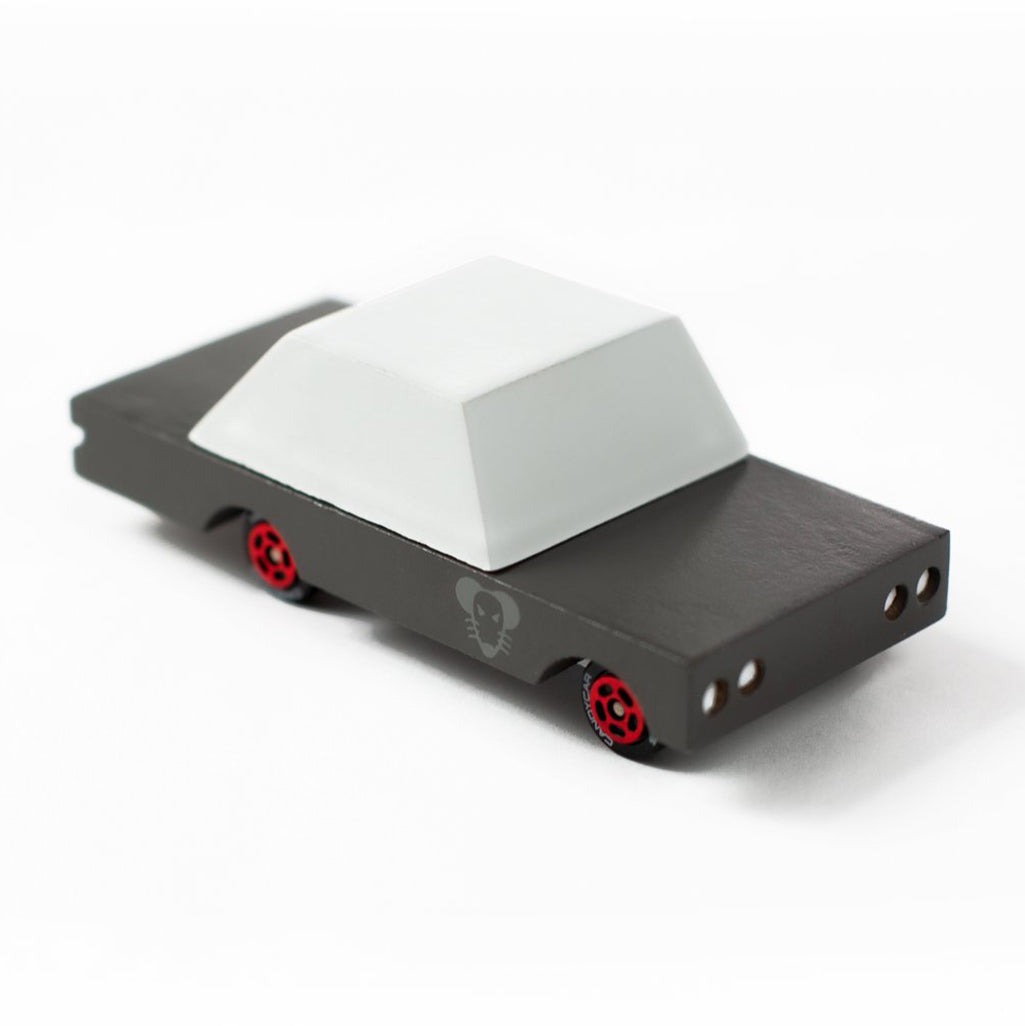 A grey Mouse Rod wooden toy car by Candylab Toys, perfect for kids to pretend-play with.