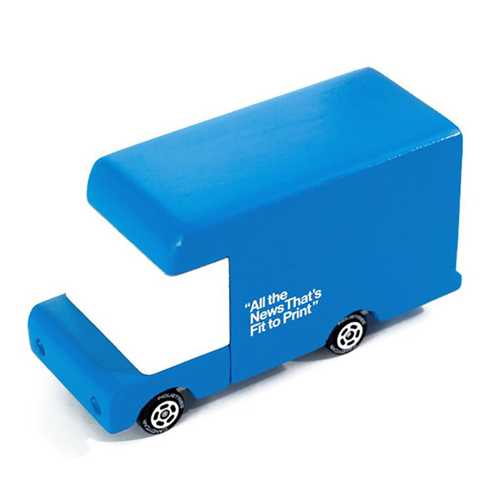 A wooden Candylab Toys New York Times van in blue, perfect for children to enjoy role-playing with.