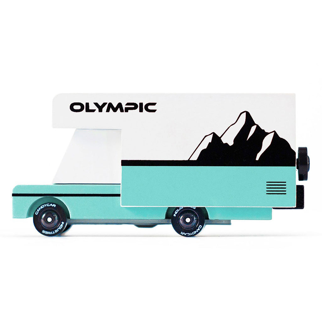 A wooden Candylab Toys Olympic RV car toy with a vintage-inspired design for imaginative play