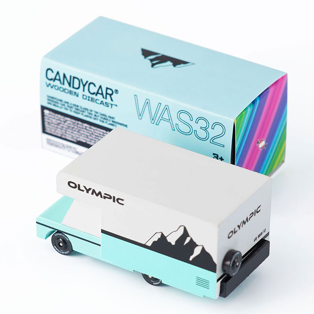 Teal-blue Candylab Toys Olympic RV wooden car, crafted for creative camping and road trip fun