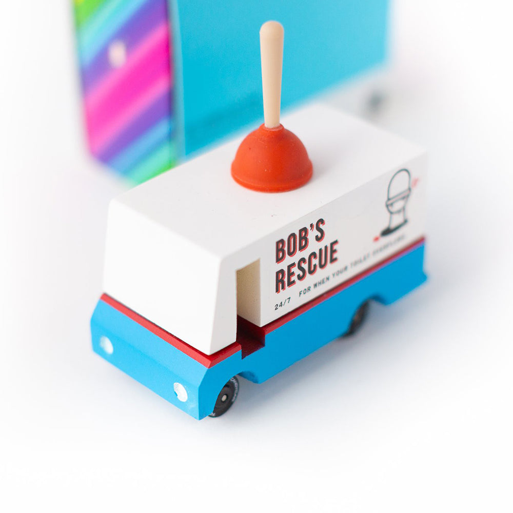 A children's wooden Candylab Toys plumbing van, ideal for imaginative construction and service scenarios.