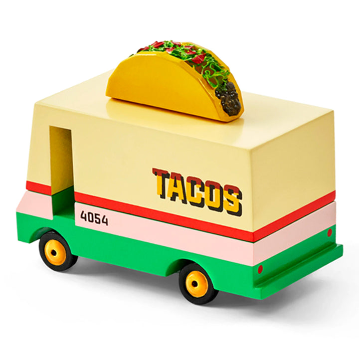 Side view of Candylab Toys Taco Van, showcasing its vibrant design and playful details