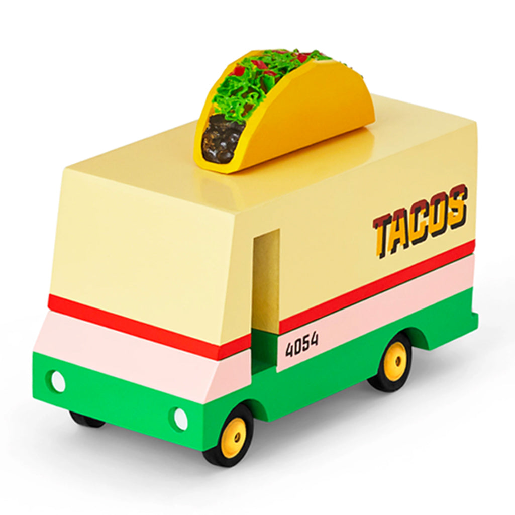 Candylab Toys Taco Van wooden food truck, inspiring kids to role-play serving delicious tacos