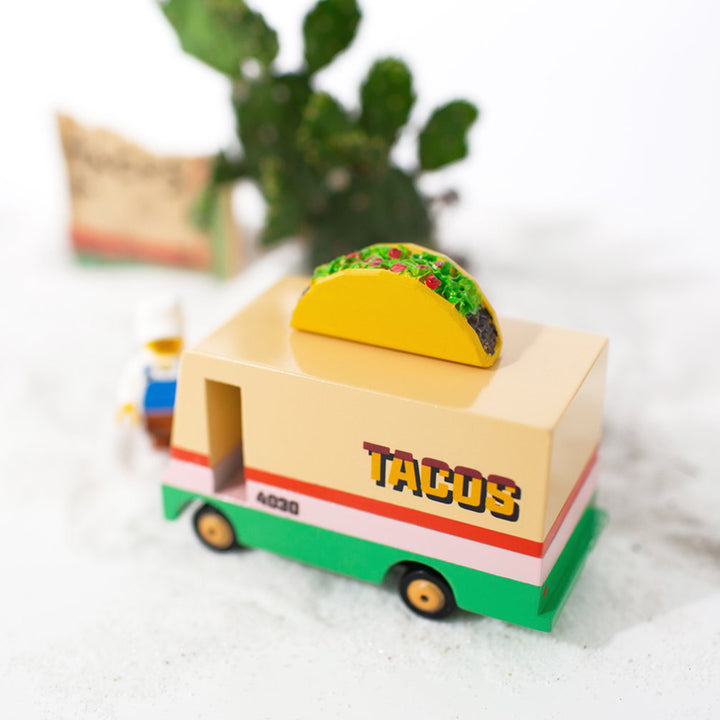 Top view of Candylab Toys Taco Van, highlighting its colorful wooden craftsmanship