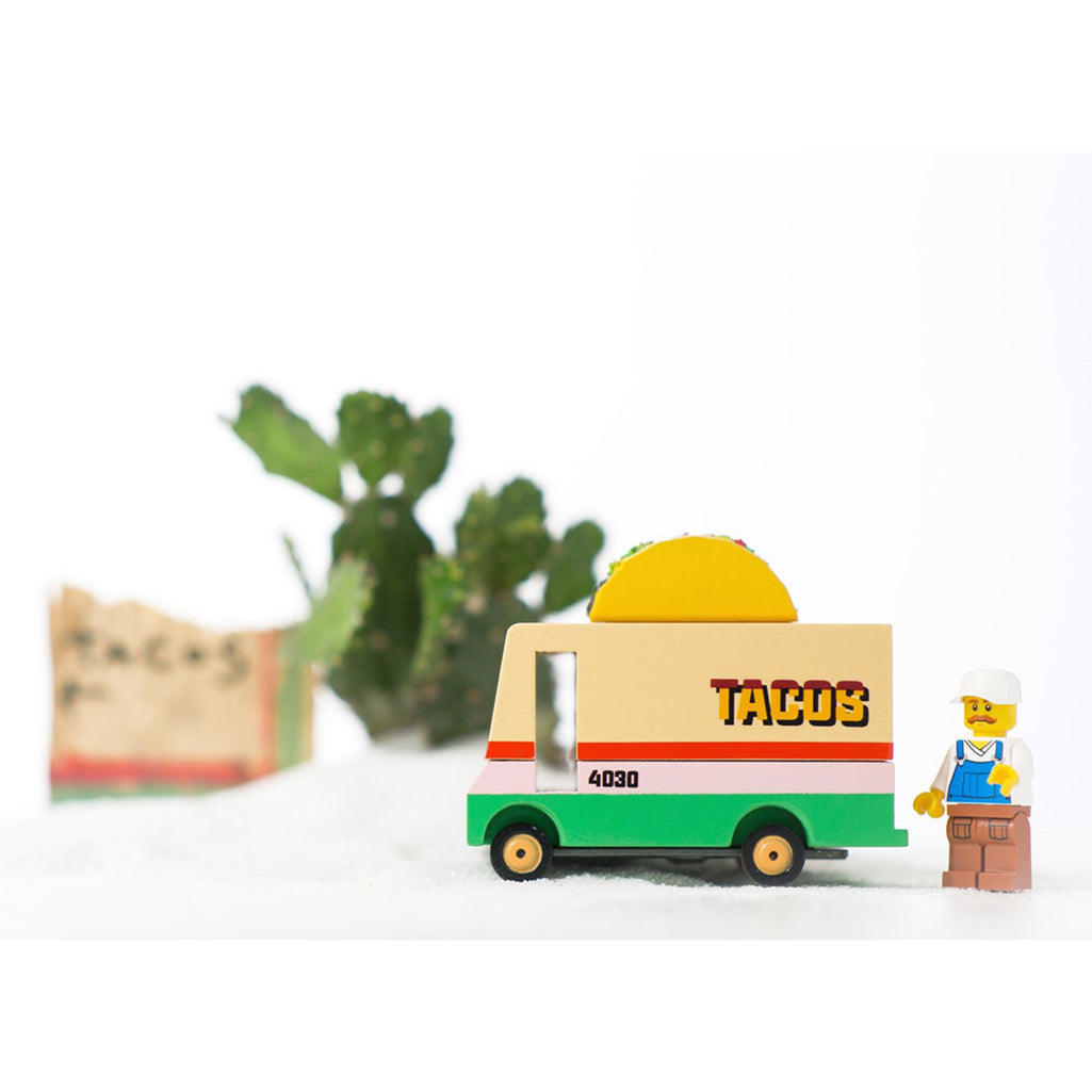 Candylab Toys Taco Van paired with Lego, blending creative building and storytelling play