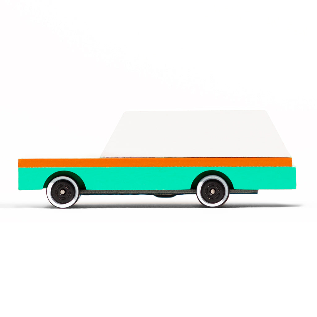 Candylab Toys Teal Station Wagon Children's Wooden Car Toy, featuring a wooden teal station wagon for creative pretend play.