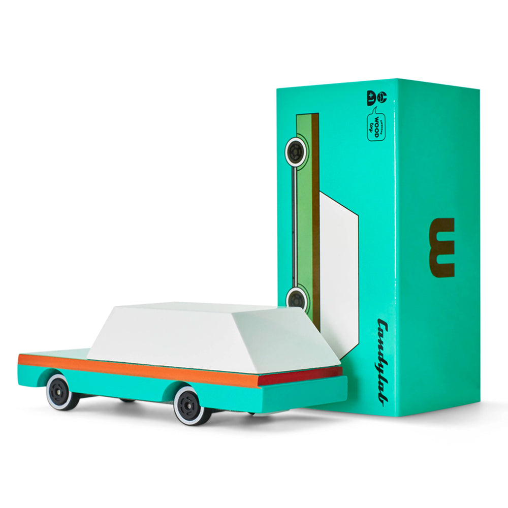 Candylab Toys Teal Station Wagon Children's Wooden Car Toy with Box, offering a beautifully packaged, high-quality wooden toy vehicle.