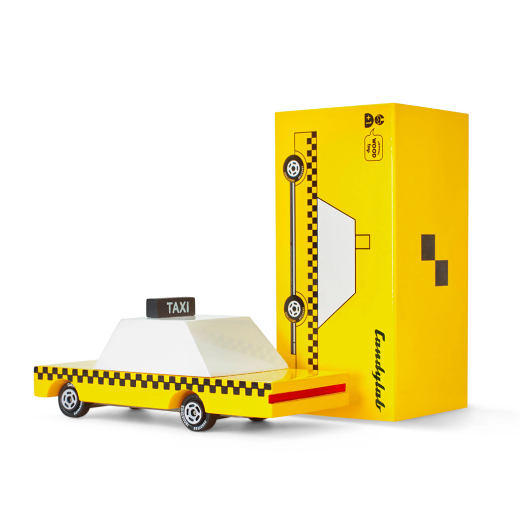 Candylab Toys Wooden Yellow Taxi Car in its box, ready for gifting or collecting