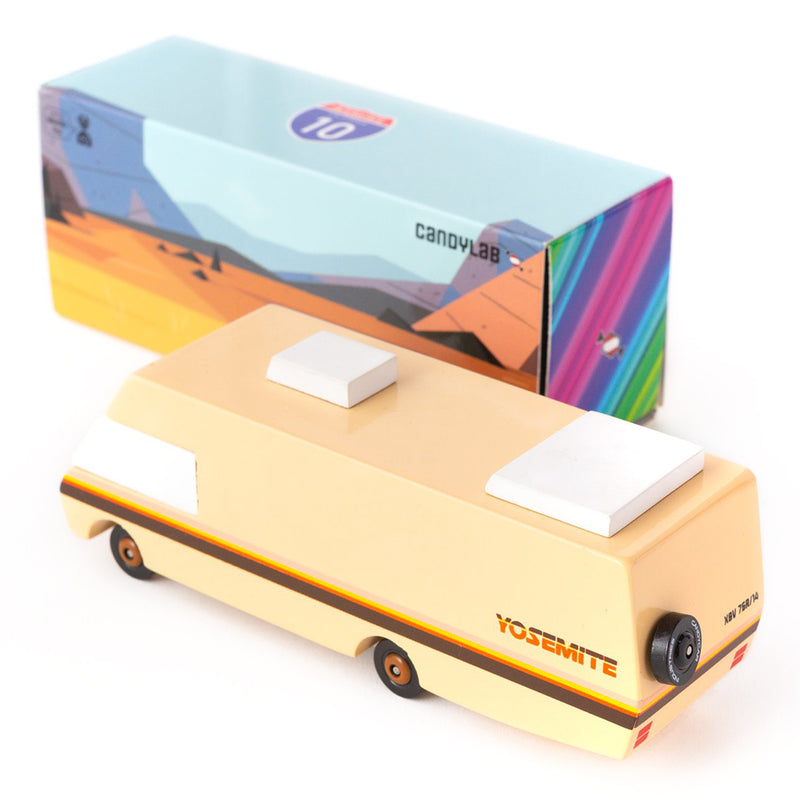 Candylab Toys Yosemite RV Yellow Wooden Camper, designed for creative play with a vibrant vintage aesthetic