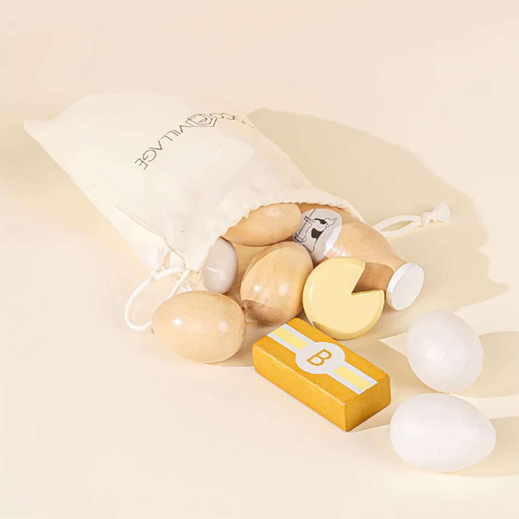 Coco Village kitchen, diary and egg grocery wooden play set