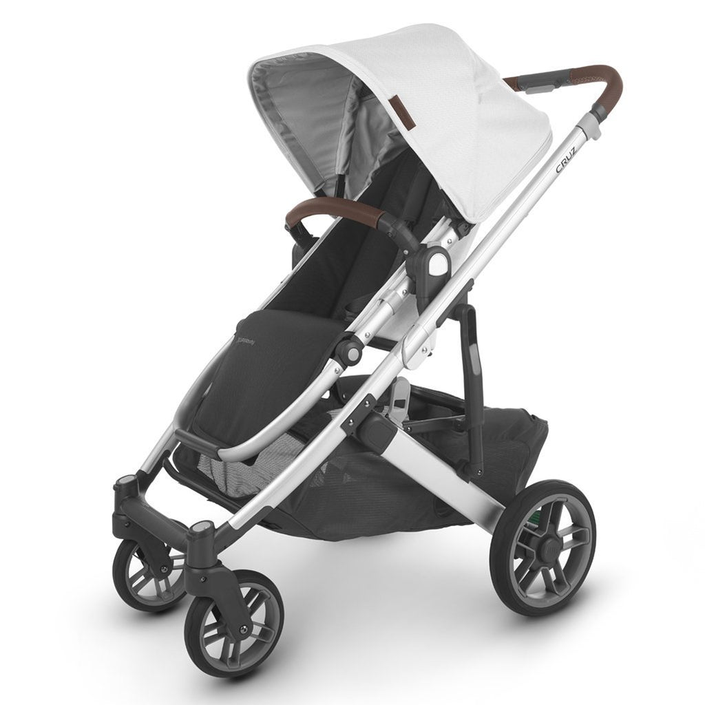 Outlet UPPAbaby Bryce CRUZ V2 Baby Stroller Travel System white sunshade, silver frame, black seat, basket and wheels, brown bumper bar and handlebar