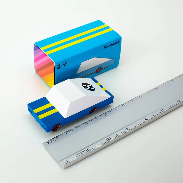 Candylab Blue Racer #8 Wooden Toy Car with Ruler for Scale