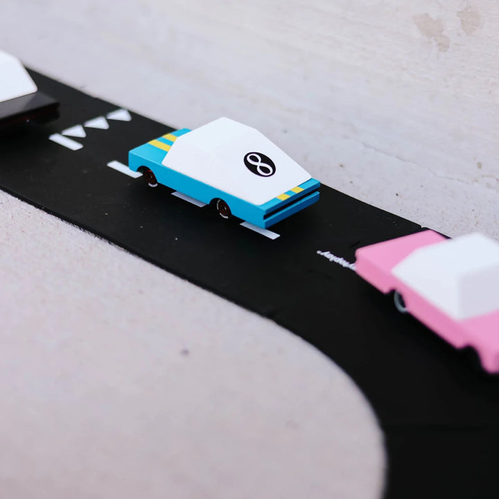 Candylab Blue Racer #8 Wooden Toy Car on Racetrack