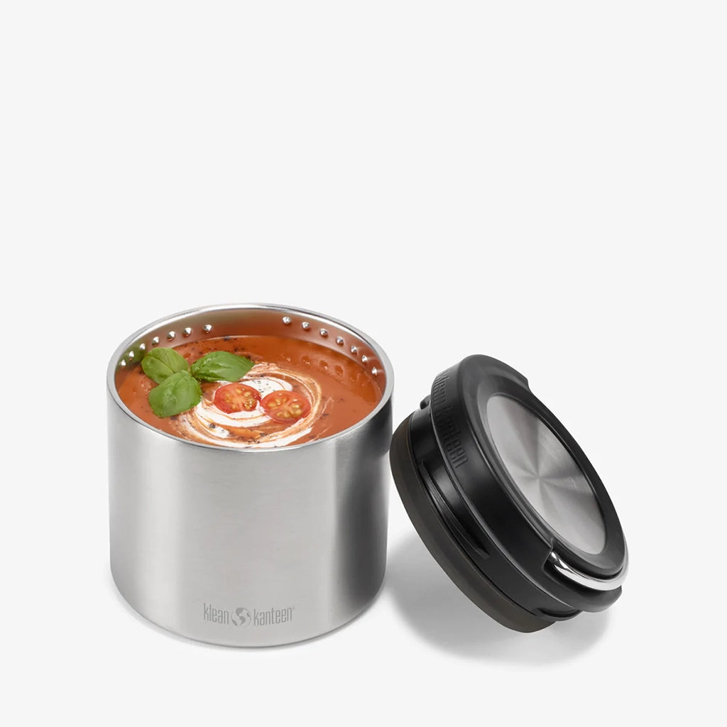 Klean Kanteen 16oz TK Canister Stainless Steel Food Storage Container shown with soup inside.