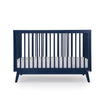 dadada Denim Soho 3-in-1 Convertible Crib to Toddler Bed Furniture. Navy blue in color. Front view. Cribs for babies