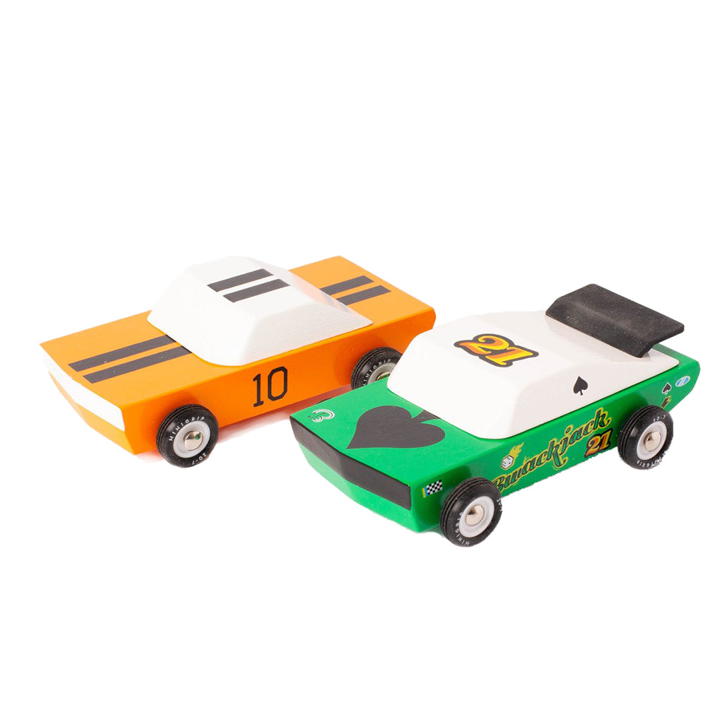 Candylab Desert Race Set featuring two colorful wooden cars in green and orange.