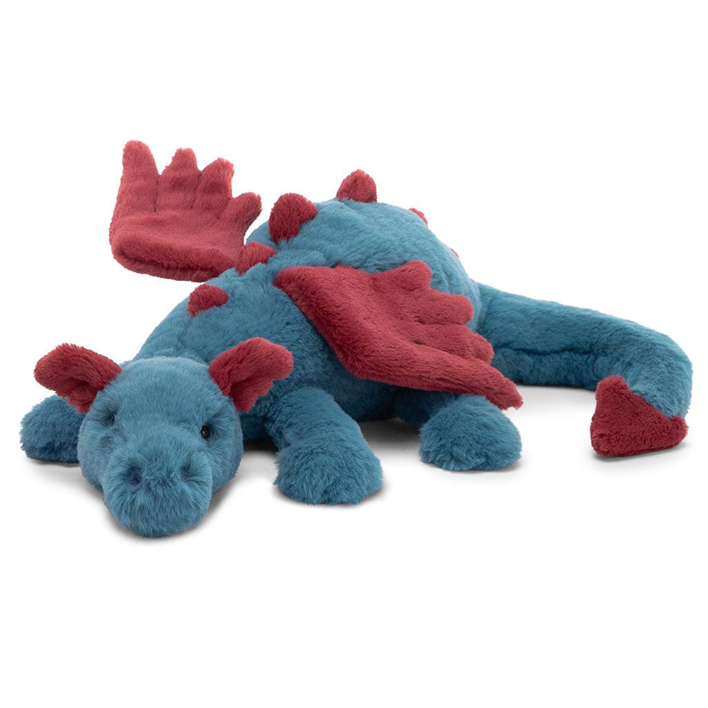 Jellycat Dexter Dragon Children's Stuffed Animal Toy blue body and red wings ears and tail